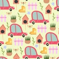 Spring seamless pattern with cartoon cars, boots, dragonfly, plants, dÃÂ©cor elements.